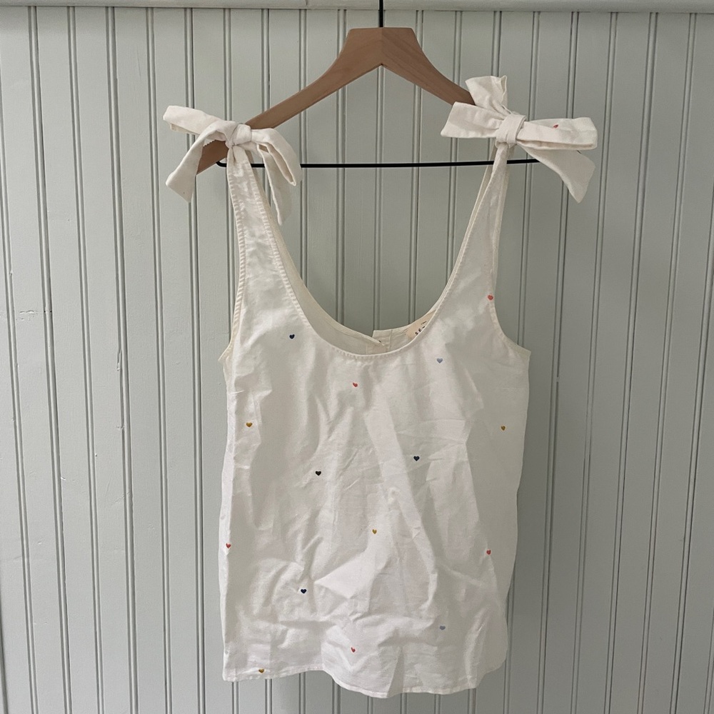 Sezane Cream Tie-Shoulder Tank with Multicolor Heart Embroidery